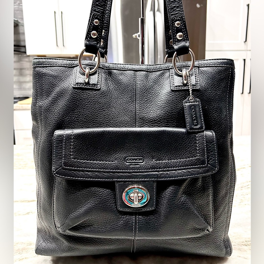 Coach Authentic Large Black Leather Tote Bag With Silver Hardware